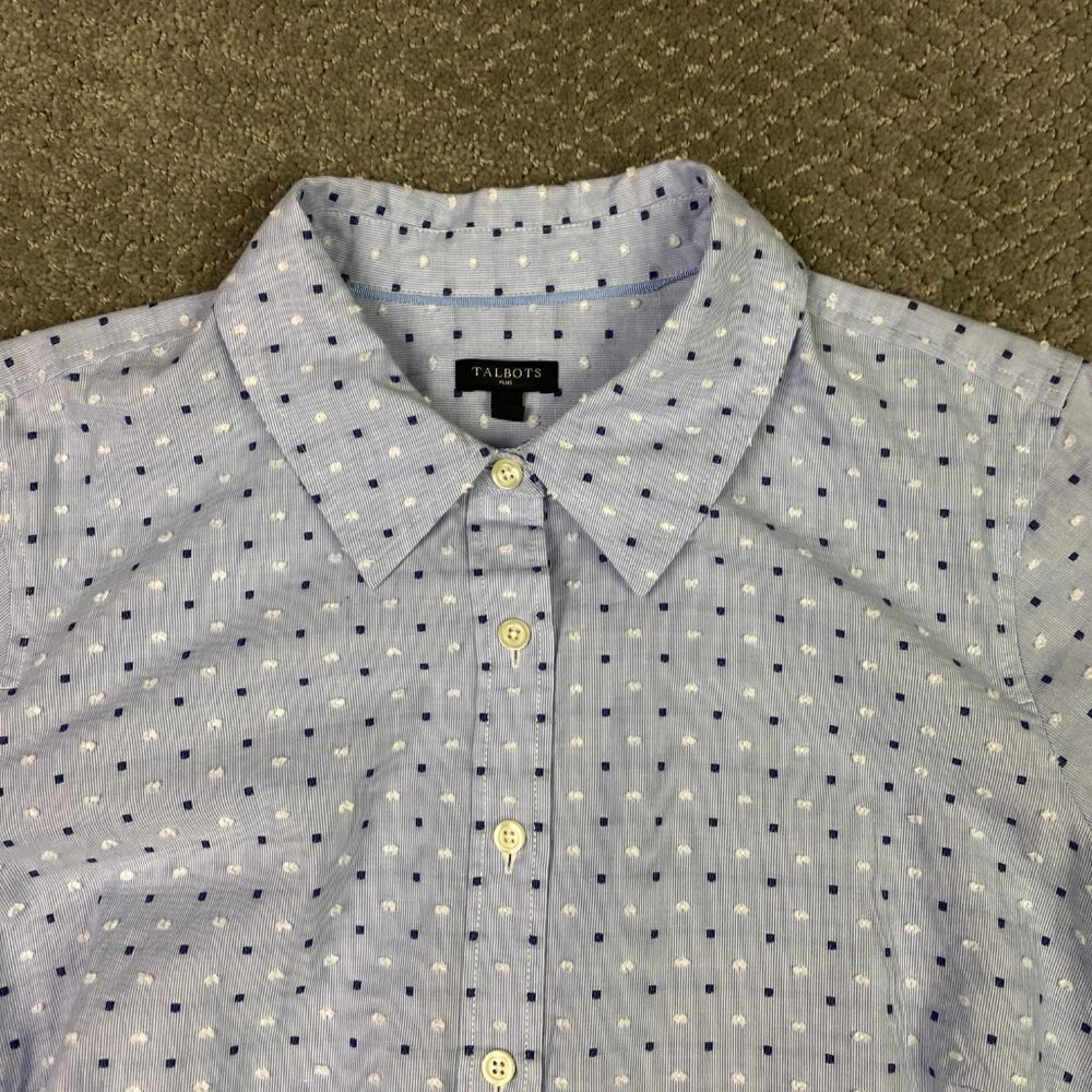 Talbots Plus Shirt Women's 1X Blue White Button Front Polka Dot Embroidered - Picture 2 of 14